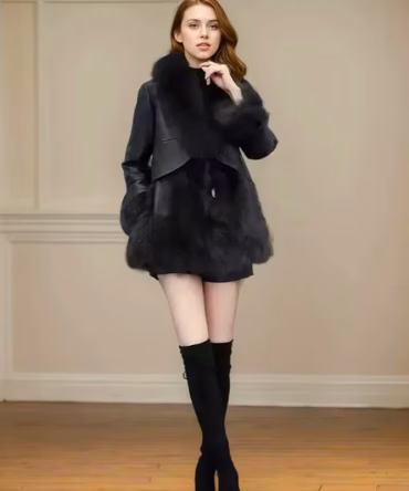 Women Winter Pu Leather Splicing Fur Outwear Ladies Long Sleeve Thicken Warm Fur Coat Puffer Jacket