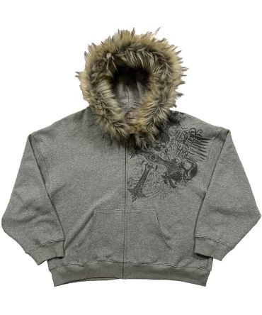 Women Aesthetic Harajuku Faux Fur Collar Hoodies Clothes Graphic Hip Hop Punk Gothic Zip Up Hoodies 2025 new