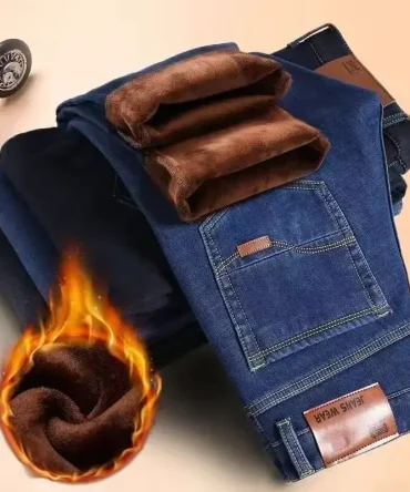 Men's Fleece Lined Thickened Casual Business Jeans Autumn Winter Warm Straight Leg Trendy Brand Loose Fit Long Trousers