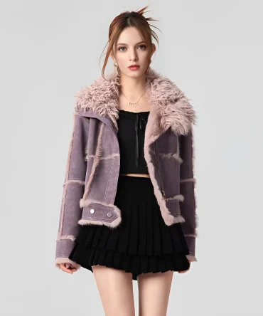 2024New Spring Women Retro Short Faux Leather Fur Coat Clothing Moto Biker Zipper Sheepskin Jacket Long Sleeved Turn Down Collar