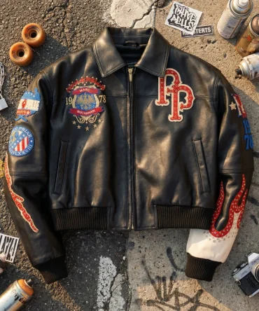 Leather Jacket Men Black Eagle and Flame Embroidered Bomber Jacket Y2K Hip Hop Trendy Coat