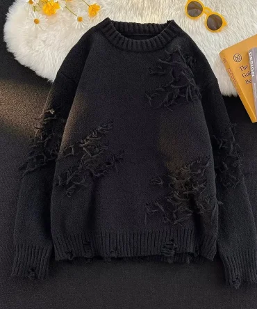 Round Neck Knitted Sweater Men Women Loose High Street Vintage Solid Color Distressed Crew Neck Knitwear