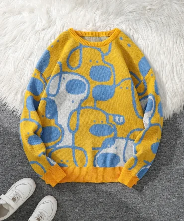 Autumn and Winter Cute Dog Jacquard Double-Sided Pattern Pullover Sweater Casual Crew Neck Knit Men's Pullover Casual Crew Neck