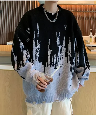 Men's Autumn Winter Hole Sweater Trendy Brand American Japanese Retro Style Student Hong Kong Style Knitted Shirt Crew Neck Full