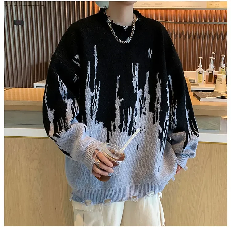 Men's Autumn Winter Hole Sweater Trendy Brand American Japanese Retro Style Student Hong Kong Style Knitted Shirt Crew Neck Full