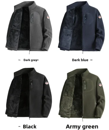 New 2026 Men's Fleece Jacket Winter Warm Stand Collar Coat Thickened Polyester Fiber Large Size Topwear Casual Zipper Closure