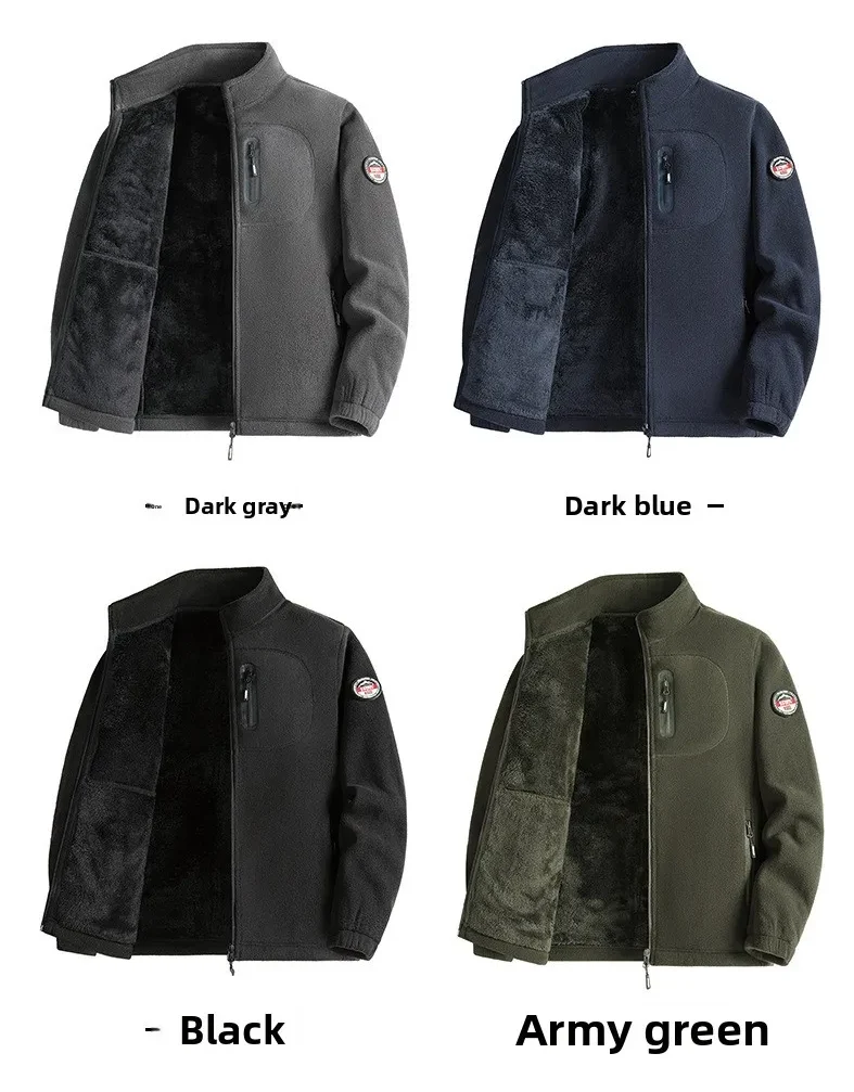 New 2026 Men's Fleece Jacket Winter Warm Stand Collar Coat Thickened Polyester Fiber Large Size Topwear Casual Zipper Closure