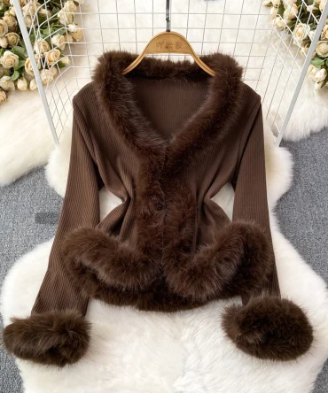 2026 New V-neck Fluffy Patchwork Jackets Women's Y2k Grunge Slim Fit Tops Mujer Vintage Fashion Long Sleeve Cardigan Coat Women