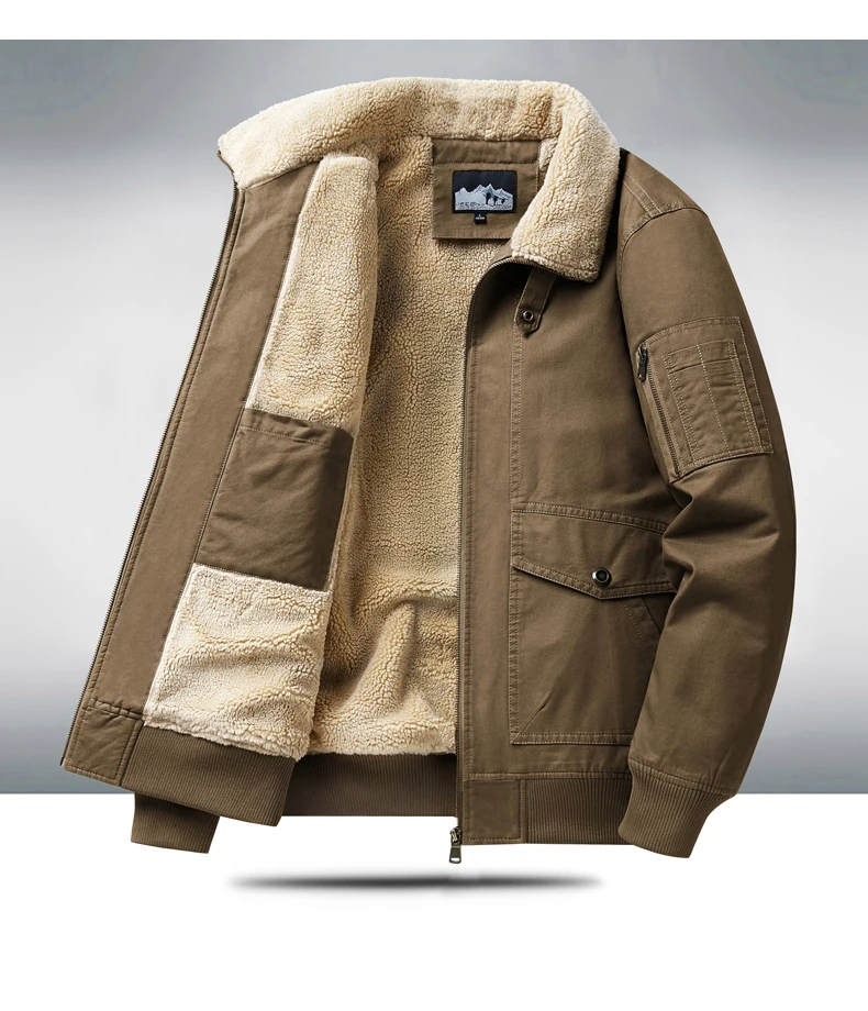 Men's Winter Thicken Cotton Parka Jacket Warm Coat Fleece Lined Thick Military Tactical Lapel Jacket Men's Washed Cotton