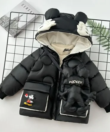 Mickey Mouse Hooded Down Jacket For Kids 2025 Winter New Baby Boys Girls Thicken Cotton Coats With Bag Toddler Cartoon Outerwear